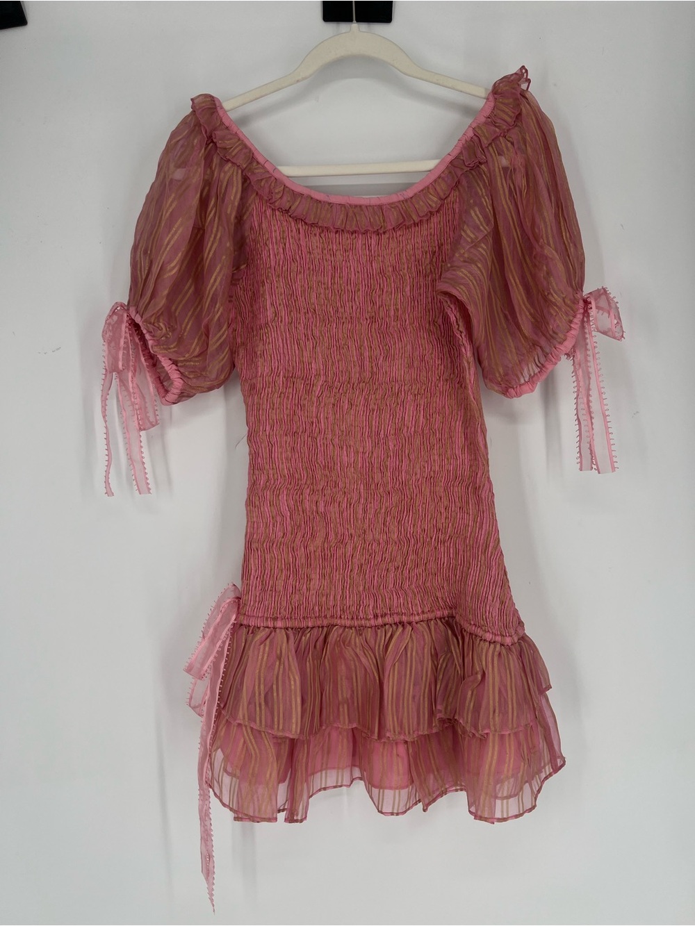 LoveShackFancy Violet Pink Silk Coquette Smocked Bow Puff Sleeve Mini Dress S - Picture 13 of 13
